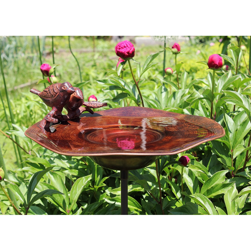 Antique Copper Birdbath with Birds and Stand