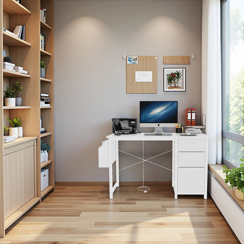 Bureau de 47,3 po avec prise de courant, 3 tiroirs, poche latérale, bureau d'étude facile à assembler, cadre stable et réversible pour bureau à domicile, bureau d'ordinateur de société, table de jeu, coiffeuse, blanc