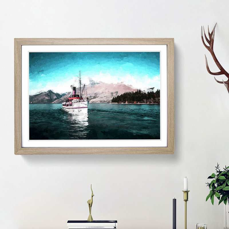 Boat on the Lake in New Zealand in Abstract - Picture Frame Painting Print, Oak Framed, 48cm H x 65cm W x 2cm D