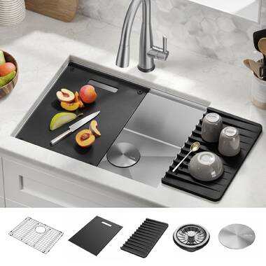 Delta - Rivet 25in Workstation Kitchen Sink Drop-In Top Mount 16 Gauge Stainless Steel Single Bowl with Workflow Ledge and Accessories