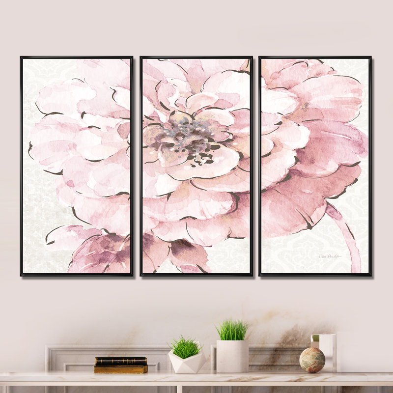 Indigold Shabby Peony - ensemble d'art mural sur toile encadré Shabby Elegance, H 28 po x l 36 po x P 1 po, Cadre noir