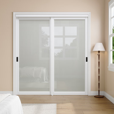 72"x 80" White 1-Panel Frosted Glass Sliding Door with Hardware Kit And Black Recessed Handles for Closet and No Assembly Required For Closet,Pantry,Living room