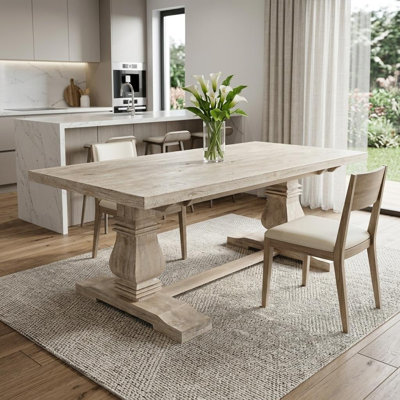 Table de salle à manger 81 "à tréteaux en bois massif blanc antique 81"