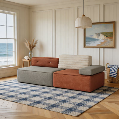 Compressed Sofa, Grey & Terracotta Multi-colour Upholstery, Built-in Spring Pack Support, Cushioned Backrests, Compact Living Room Couch For Small Spaces & Apartments