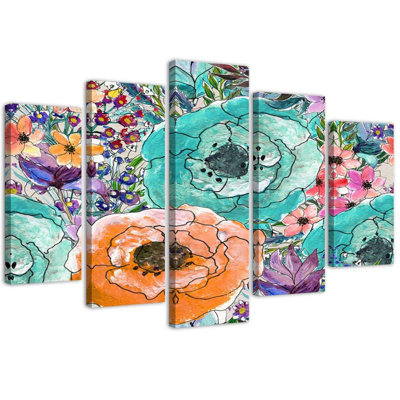 Abstract Colourful Flowers - 5 Piece Wrapped Canvas Set