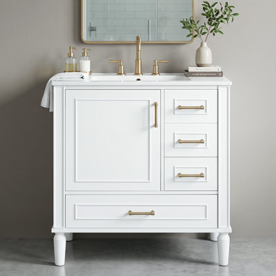 24" Solid Wood + MDF Freestanding Bathroom Vanity with Ceramic Integrated Basin Sink, Bath Cabinet in Black with a Door-Mounted Rack, Soft-close Drawers and Door
