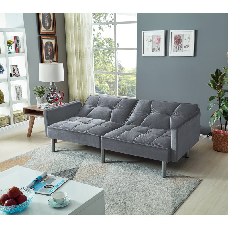 Hemphill 75.5'' Velvet Square Arm Sofa Bed, Gray Velvet