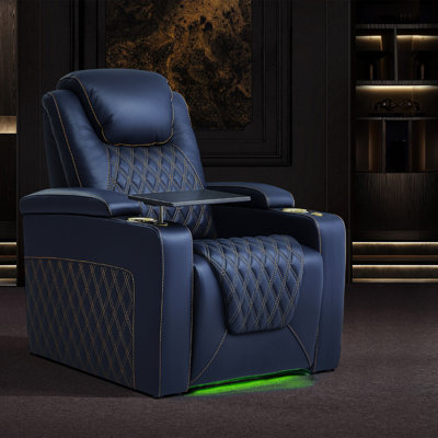 Awar 33.46" Genuine Leather Theater Seating Power Recliner Chair Movie Chair Gaming Seat with Tray Table, USB Charging, and Cup Holders by Latitude Run