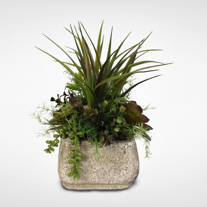 Green and Dark Brown Silk Succulent Arrangement in Stone Pot