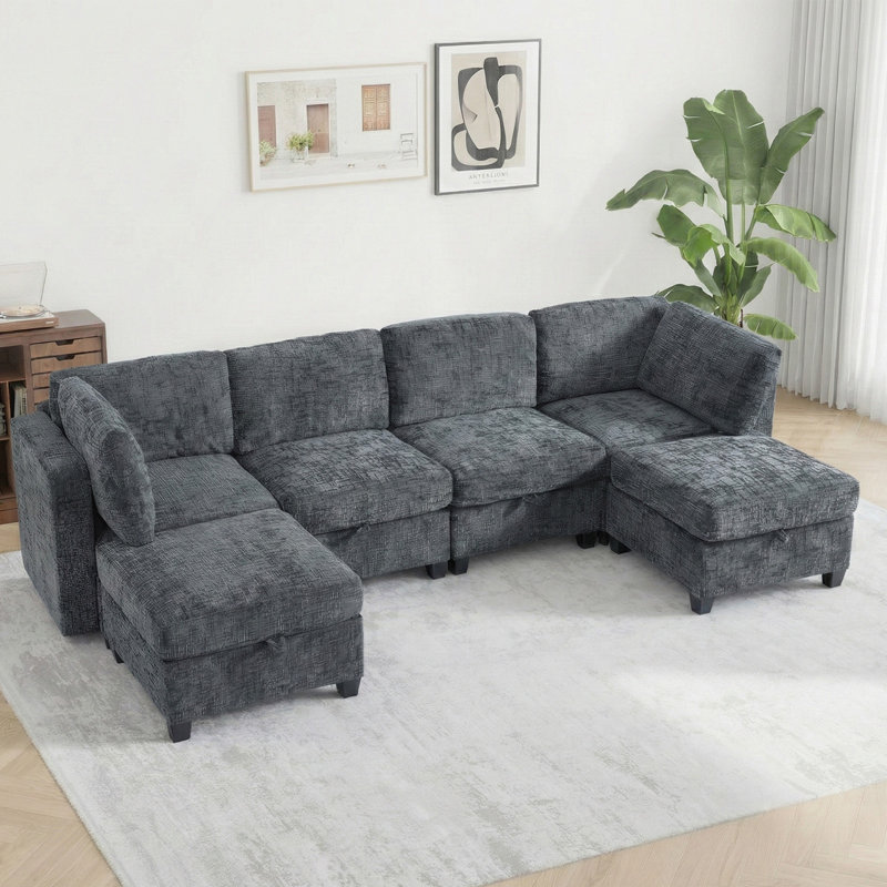 128" Oversized Modular Sectional Sofa with Storage & Removable Covers, Convertible U-Shape, L-Shape & Sleeper Configuration, Modern 6-Seater Couch with Movable Ottoman