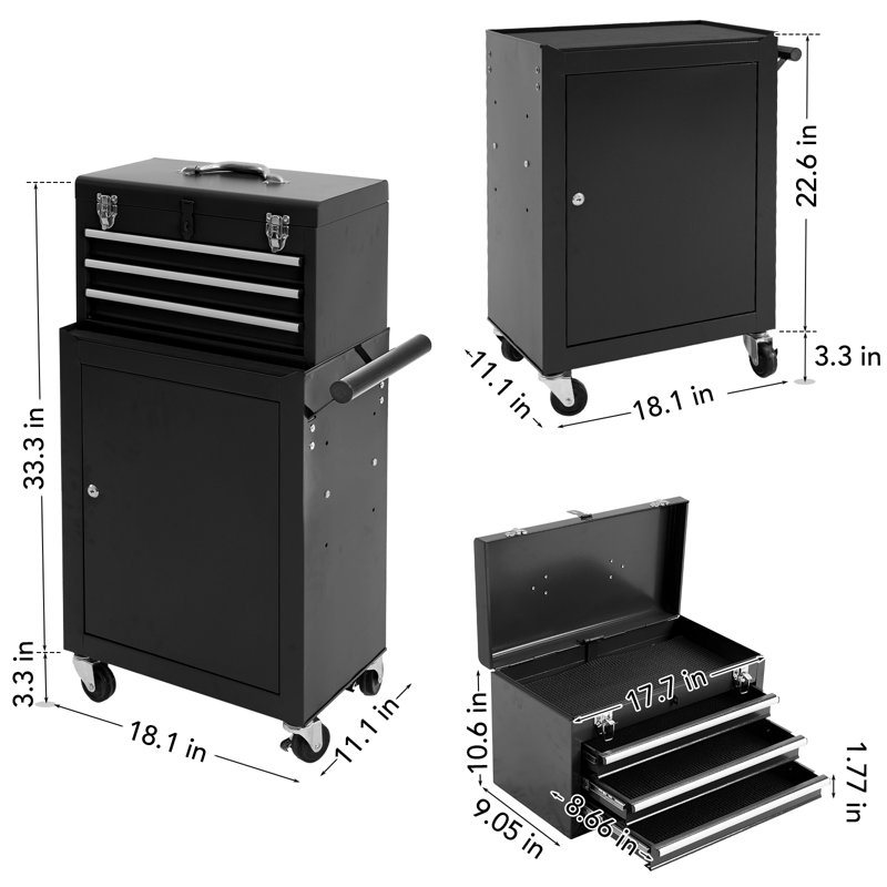 3-Drawer Steel Combination Rolling Tool Chest Set, Black
