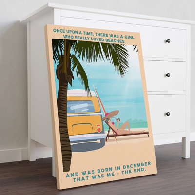 Une fille qui a vraiment adoré les plages peintes sur toile - Hobby Illustration Decor, bleu et jaune Home Decor