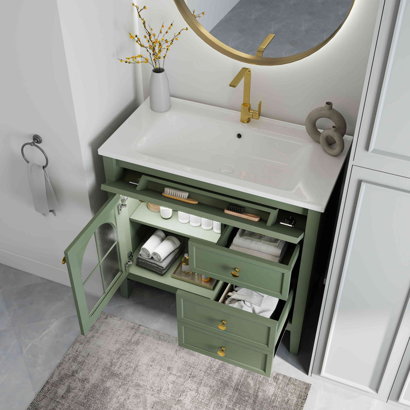 Meuble-lavabo de salle de bain 35,6 po Mid-Century avec verre à motif et bande lumineuse à capteur de mouvement, meuble-lavabo sur pied Farmhouse