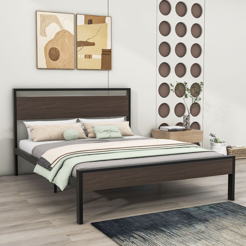 Bloomington Metal Platform Bed with Headboard, Black/Walnut, Queen