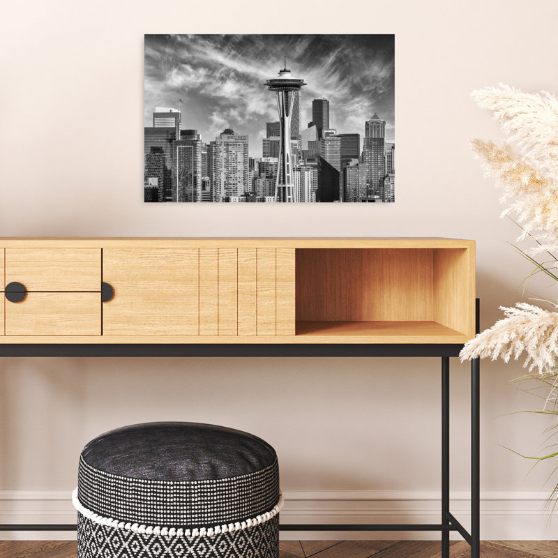 Seattle Space Needle Skyline Dramatic Modern Abstract Architecture City Wall Art Print 1 Piece Wrapped Canvas Wall Art