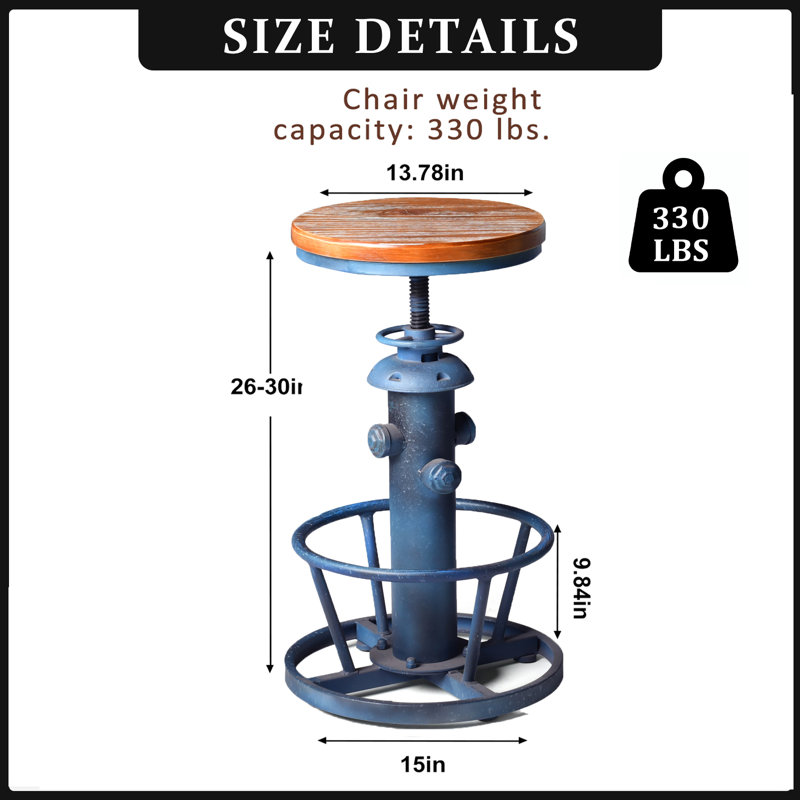 Antique Industrial Round Bottom Adjustable Height Cafe Retro Hydrant Stylish Water Pipe Design Pub Kitchen Bar Stool, Blue, 3