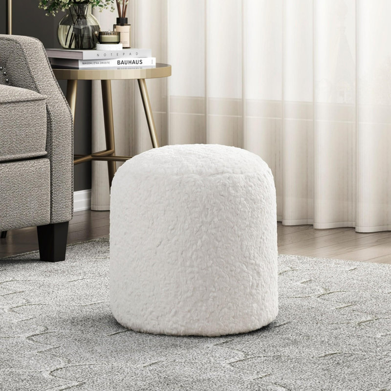 Off-White Faux Fur Round Pouf Ottoman