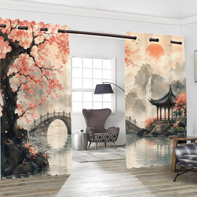2 rideaux occultants avec œillets, rideaux en polyester à motif de cascade de cerisier japonais, isolation thermique, réduction du bruit, protection de la vie privée, rideaux obscurcissants pour la chambre à coucher