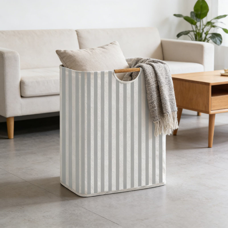 Foldable Laundry Hamper With Wooden Handles - Large Capacity Cotton Linen Storage Basket For Clothes, Toys, And Bathroom Organization