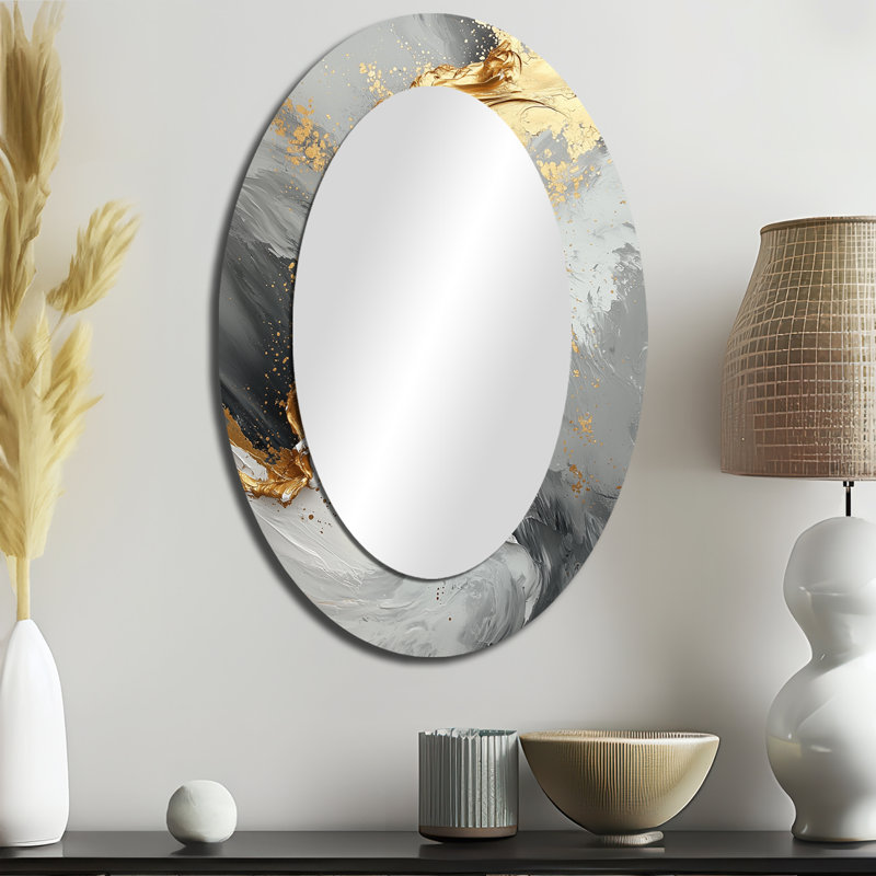Gris et or abstrait marbre I - décor de miroir mural ovale doré, 36 po x 24 po