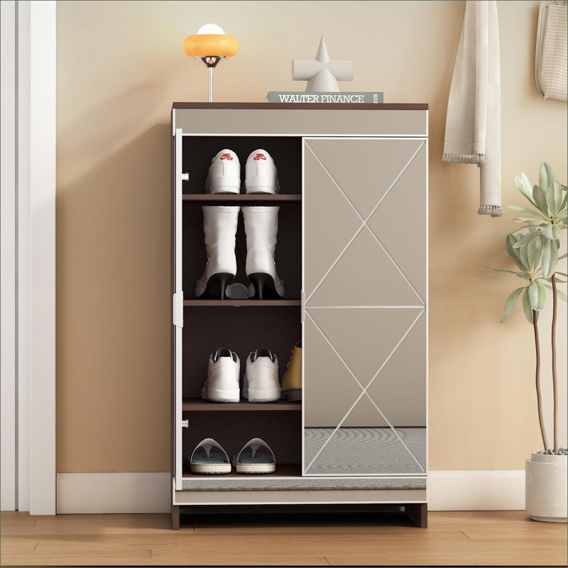 Armoires | Armoire de rangement à chaussures moderne à double porte avec miroir, finition noyer, bordure argentée brossée | Contemporain | Hall d'entrée