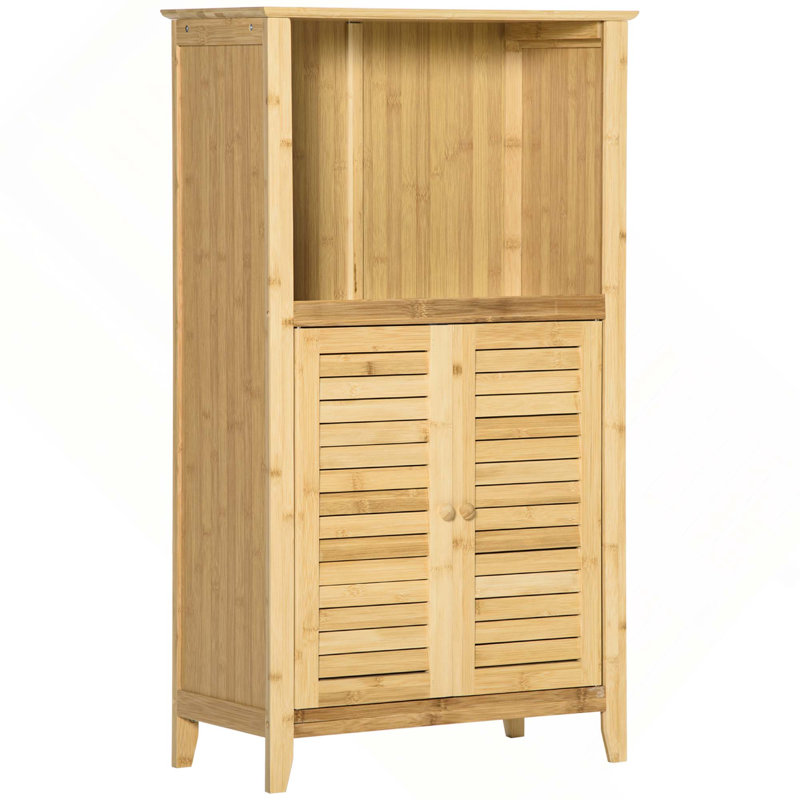 Tour de rangement en bambou avec plusieurs tablettes et portes
