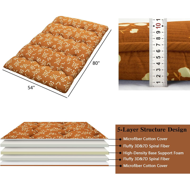 Matelas de futon japonais à motif floral pour adultes, Rouge, Double