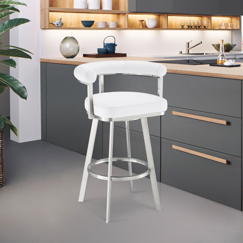Tabouret de bar Hollie-May Mid-Century, Tabouret de comptoir (siège d'une hauteur de 26 p, Blanc, Acier inoxydable brossé