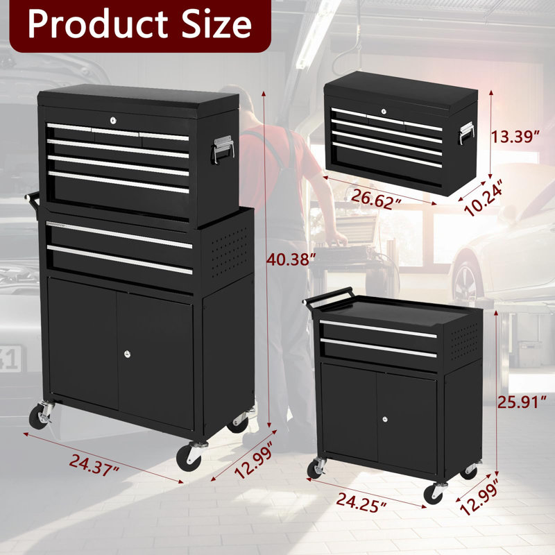 Coffre à outils à 8 tiroirs avec armoire supérieure amovible et système de verrouillage pour atelier de réparation de garage