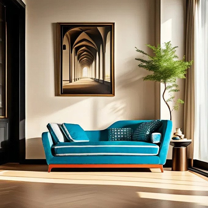 Méridienne tendance, décontractée, créative, élégante, Orienté à droite, Orange, Blanc / bleu ciel