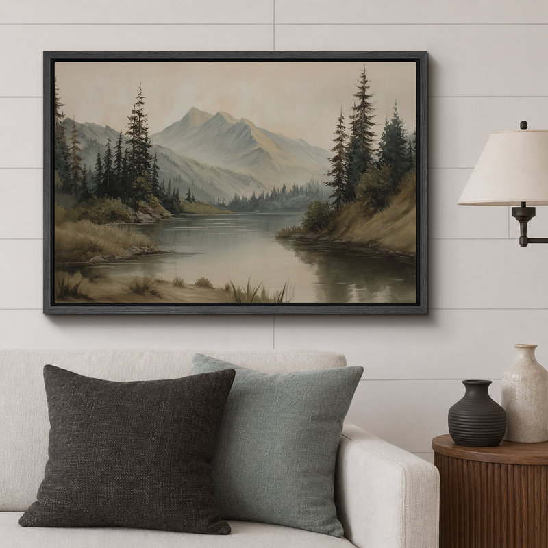 Misty Mountain Lake with Pine Forest - Pictures Extra Large Framed Canvas Print Wall Art, Black Floater Framed