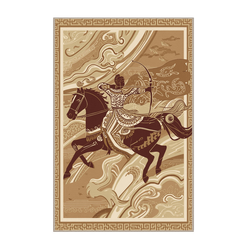 Tapis oriental moelleux doux et moelleux à motif de cheval archer brun et beige, 5x7