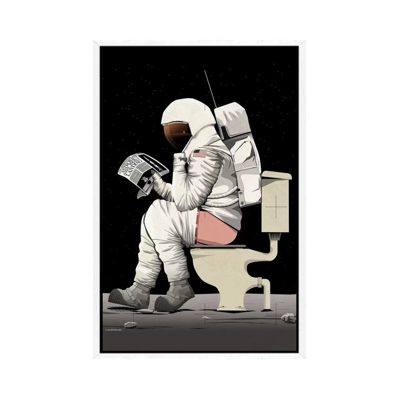 Astronaut On The Toilet by Wyatt - Print on Canvas, 66.04cm H x 45.72cm W x 3.81cm D, White Framed