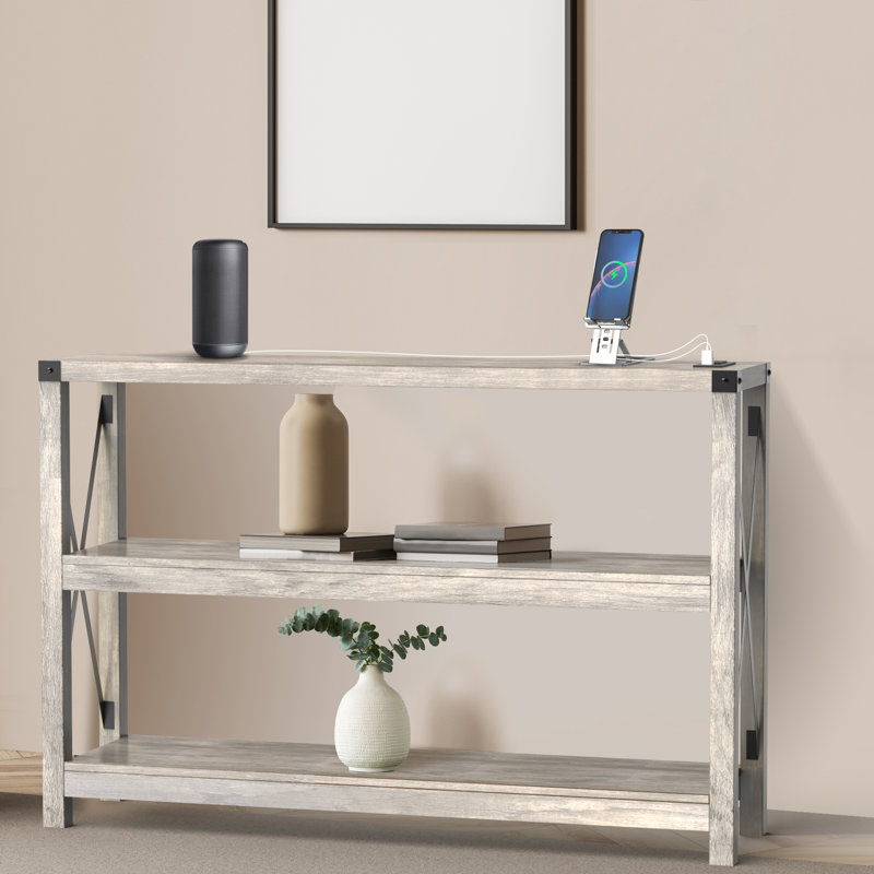 Console Darletha avec tablettes de rangement à 3 niveaux, Gris délavé, H 31,5 po x l 47,2 po x P 11,8 po