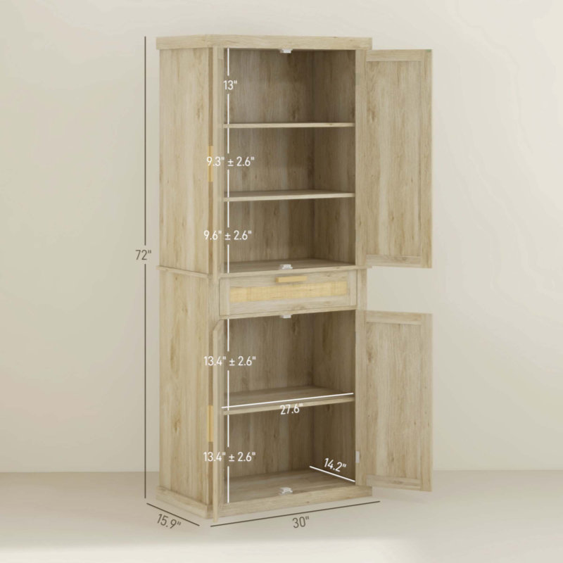 Oak and Rattan 72" Tall Kitchen Pantry Storage Cabinet