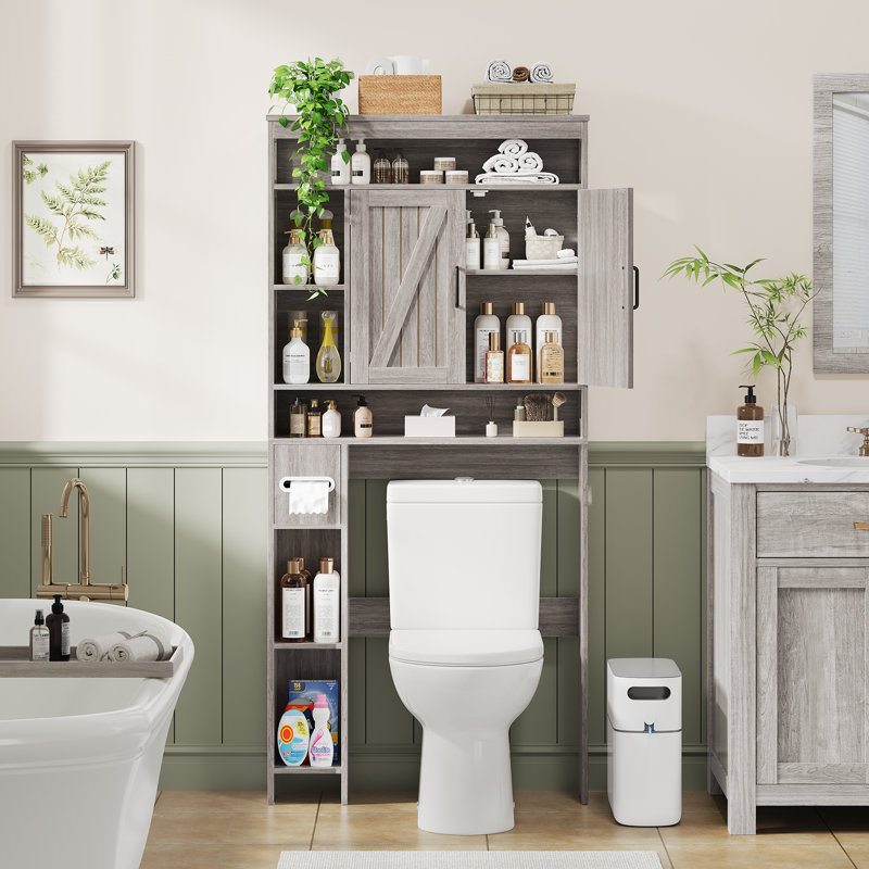 Over-the-Toilet Storage Cabinet with 2 Barn Doors, Adjustable Shelves and Built-In Toilet Paper Holder, Farmhouse Bathroom Organizer