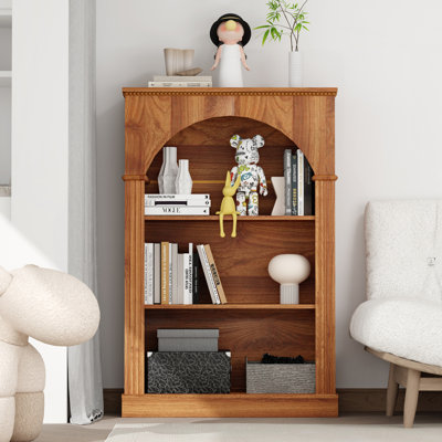 3-Tier Arched Open Bookshelf, Traditional Freestanding Bookcase with Decorative Beaded Trim