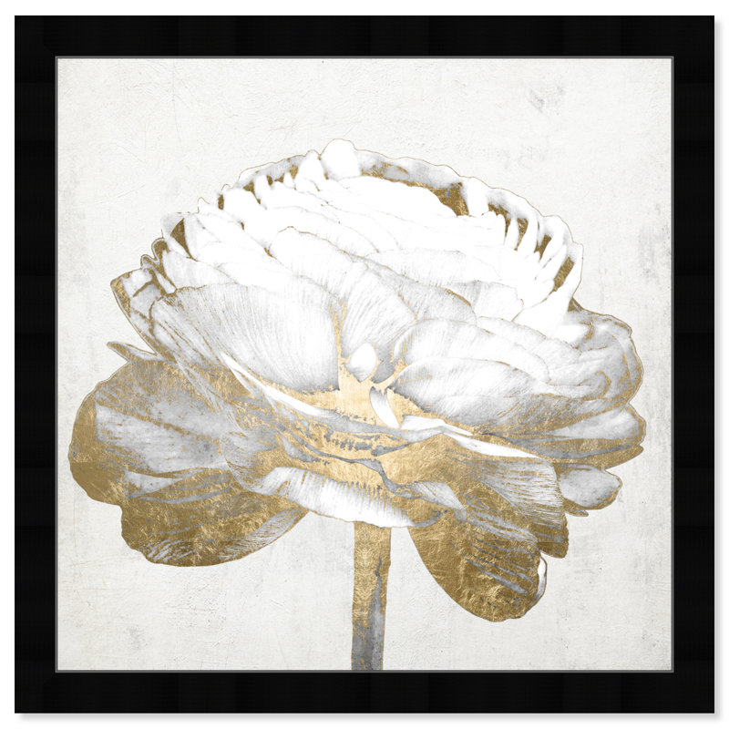 «Gold and Light Floral II» blanc - peinture encadrée sur papier, Noir, H 26 po x l 26 po