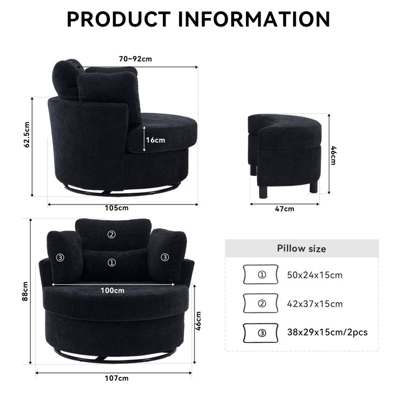 Swivel Armchair with Footstool, Black Chenille