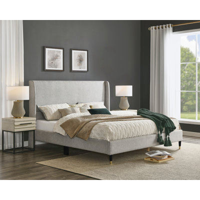 Light Gray Fabric Wingback Platform Bed