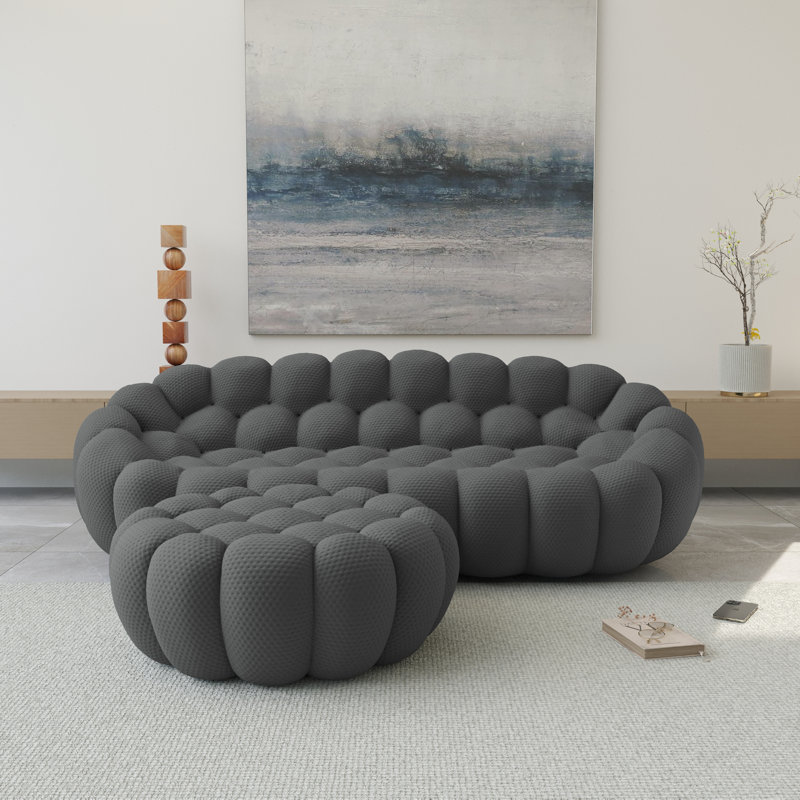 Kayi Boneless 98.43" Upholstered 3-seat Pumpkin-shaped Sofa With Ottoman, No Assembly Required, Dark Gray