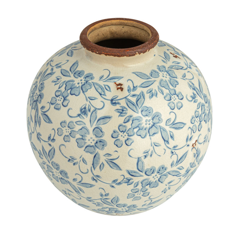 Dolohov Round Decorative Terra-cotta Vase with Transferware Pattern