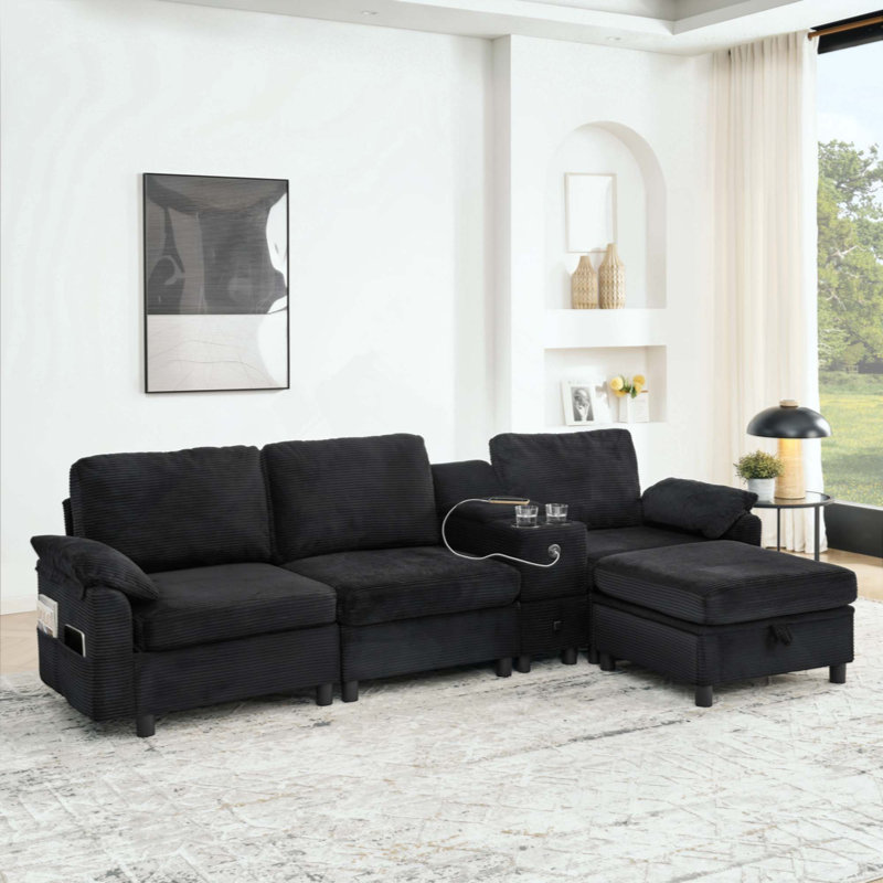 Canapé modulaire moderne en L avec rangement tout-en-un, poches d'accoudoirs de rangement latérales, console centrale avec porte-gobelet, repose-pieds avec rangement relevable, siège multi-siège confortable