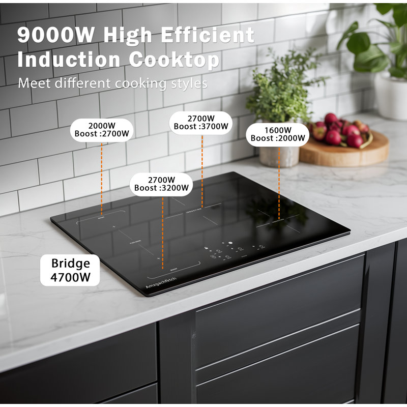 30 Inch Induction Cooktop,4 Burner Built-In Electric Stove With Bridge-Sync, Booster, Timer & Child Lock,9000W 220-240V Hardwired, Black Glass