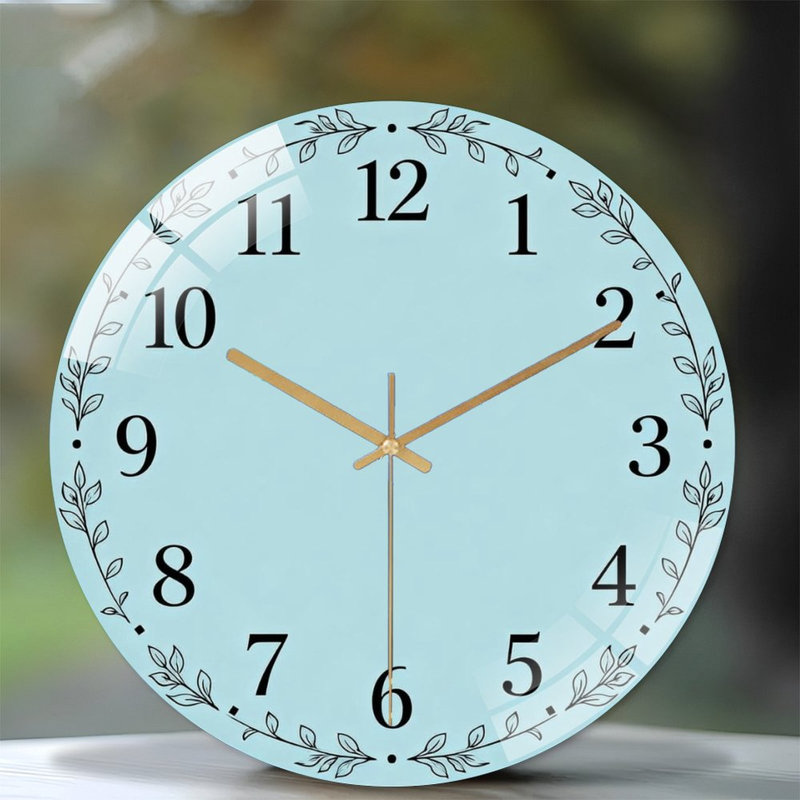Horloge murale 12 po ronde en verre trempé avec mouvement à quartz silencieux, Bleu clair