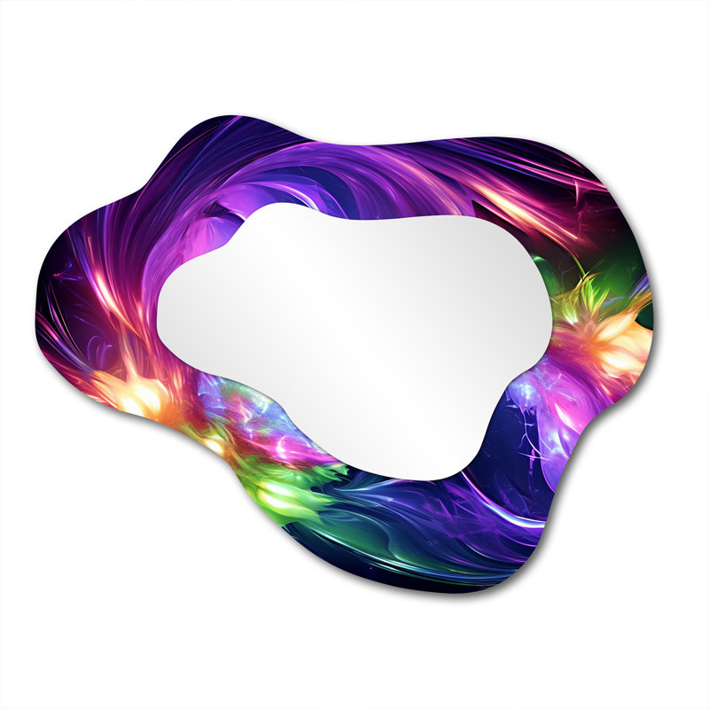 Purple and green Fractal Fusion III - Fractal Asymmetrical Decorative Mirror, Purple Cloud Wall Mirror, Printed Metal Art