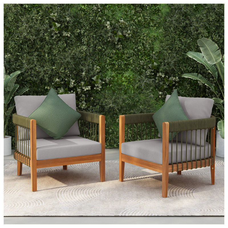 [Set of 2] Boho Acacia Wood Outdoor Club Chairs with Handwoven Rope Accents - Water-Resistant Patio Lounge Seating for Garden & Porch