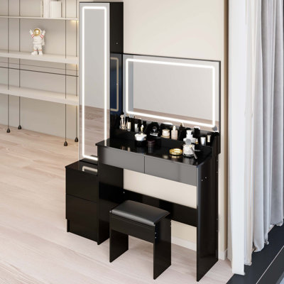 Extra Large LED Mirror Vanity Table + LED Dressing Mirror Cabinet + Cushioned Stool, Double Large LED Mirrors, Touch Control, 3-Color Switch & Adjustable Brightness, Multi-Layer High Capacity Storage