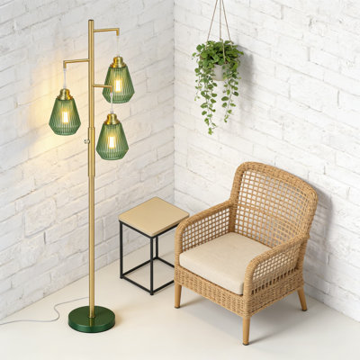 Lampe sur pied moderne avec triple abat-jour en verre, interrupteur rotatif à intensité variable, comprend 3 ampoules Edison à DEL, trépied stable pour le salon, la chambre et le bureau