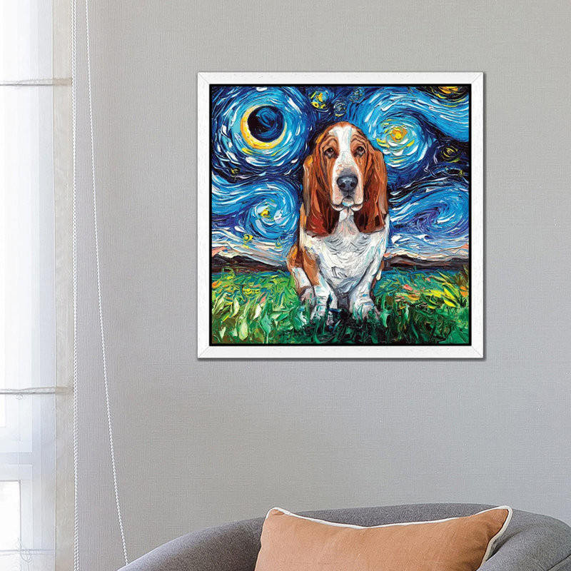 Basset Hound Night by Aja Trier - Painting on Canvas, 66.04 cm H x 66.04 cm W, White Framed
